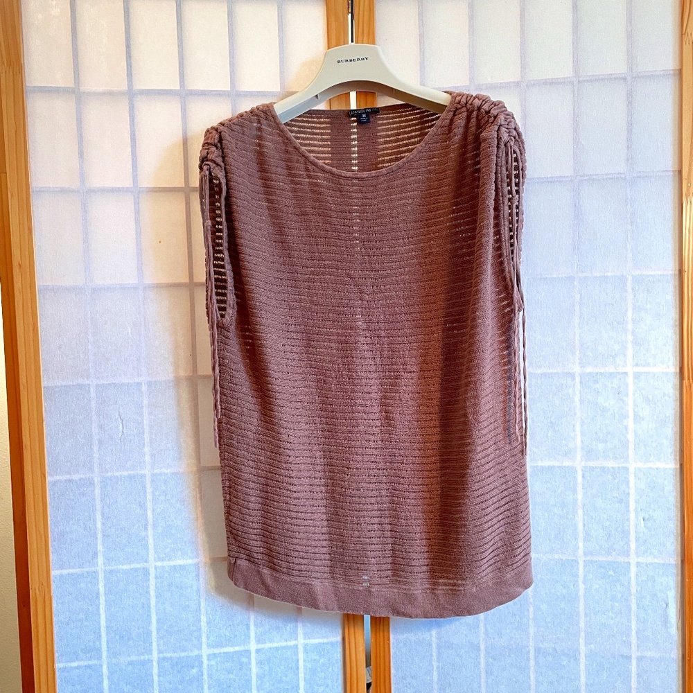 Lafayette 148 Top, brown 100% linen, drawstring cinched shoulder, size M